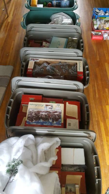 lot 110 image: 6-Tote Bins Of Nice Christmas Decorations (Lighted Houses With Accessories, Ornaments, Home Decor)