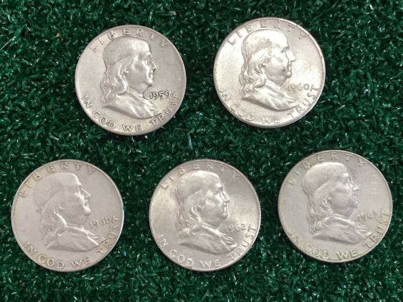 lot 14 image: Set of 5 Franklin Half Dollars (1959-1963)