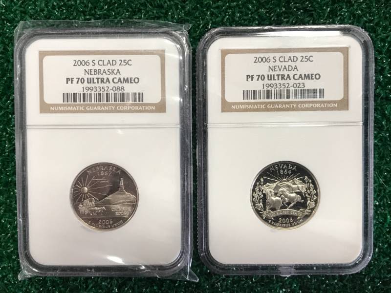 lot 19 image: 2006 Nebraska & Nevada PF70 Grade Coins