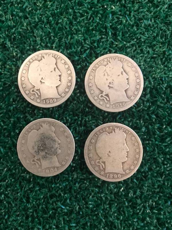 lot 49 image: Lot of 4 Barber Quarters- 1896 1904 1909 1916