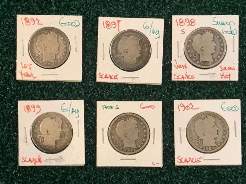 lot 55 image: Lot of 6 Barber Quarters 1892 1897 1898 1899 1900s 1902