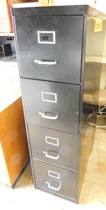 lot 8 image: Black Metal Four Drawer File Cabinet