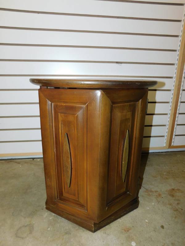 lot 36 image: Hexagon Shaped Table With Inside Storage---Door In Front To Access Storage