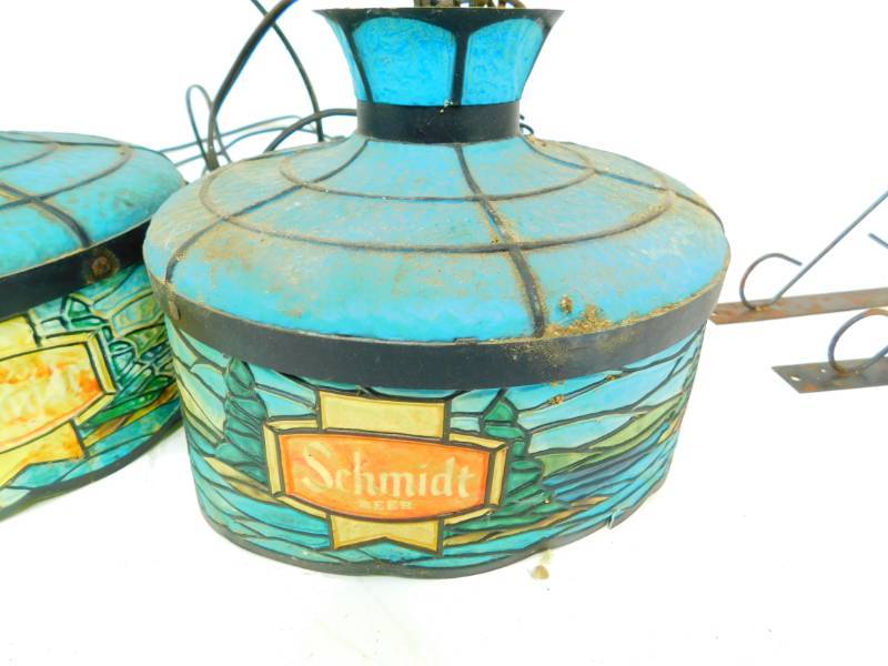 lot 55 image: Two Schmidt Beer Plastic Stain Glass Hanging Lamp Lights