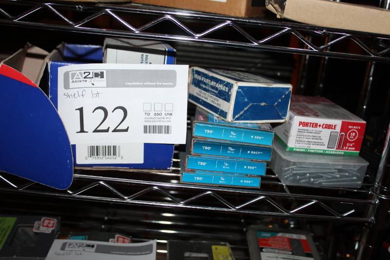 lot 122 image: Arrow T50 Staples, Duo-Fast Staples, Parts Organizers, Misc. Fasteners, And More