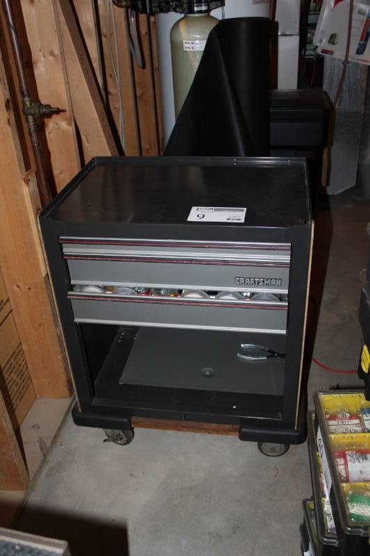 lot 9 image: Craftsman 3-Drawer Rolling Metal Tool Chest, Chisels, Misc. Hardware