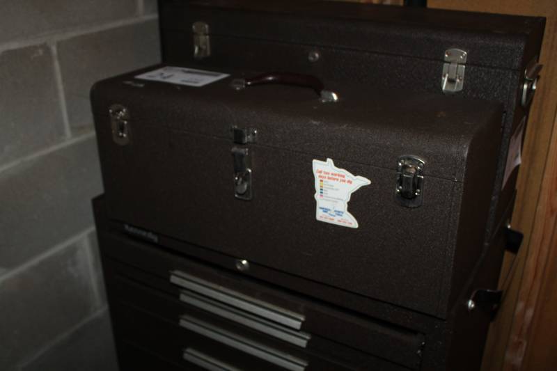 lot 24 image: Kennedy Tool Box w Tool Tray, Pliers, Snips, Misc. Hardware