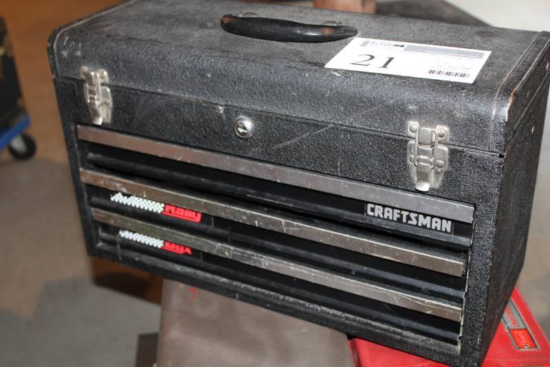 lot 21 image: Craftsman 3-Drawer Tool Box, Drill Bits, Screwdrivers, And More