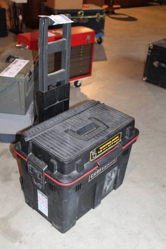 lot 14 image: Craftsman Rolling Tool Box w Tool Tray, Router Bits, Saw Blades, Padlocks, Tape, Misc. Hardware, And More
