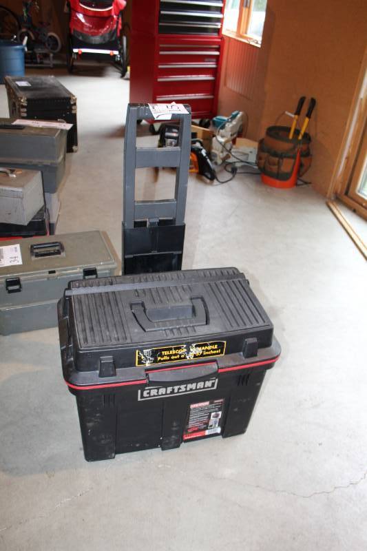lot 15 image: Rolling Tool Box w Tool Tray, Reveal Edge Cutter, Nylon Straps, Tape Measure, Screwdrivers, And More