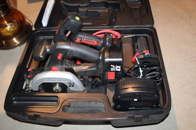 lot 64 image: Sears 19.2VDC Cordless Tools - 5.5in. Trim Saw, 12in. DrillDriver, Fluorescent Light, Batteries, Charger, Case