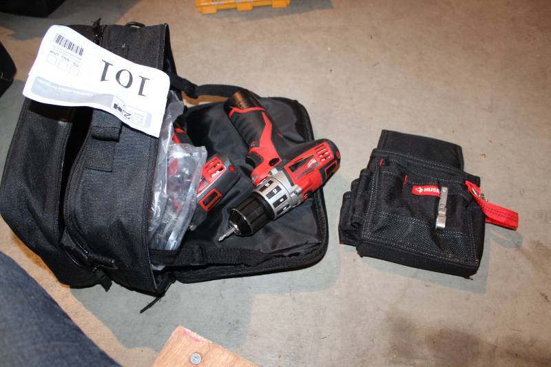 lot 101 image: Milwaukee Tools 3.8in. Drill Driver, Milwaukee Tools Compact Driver, Husky Tool Bag