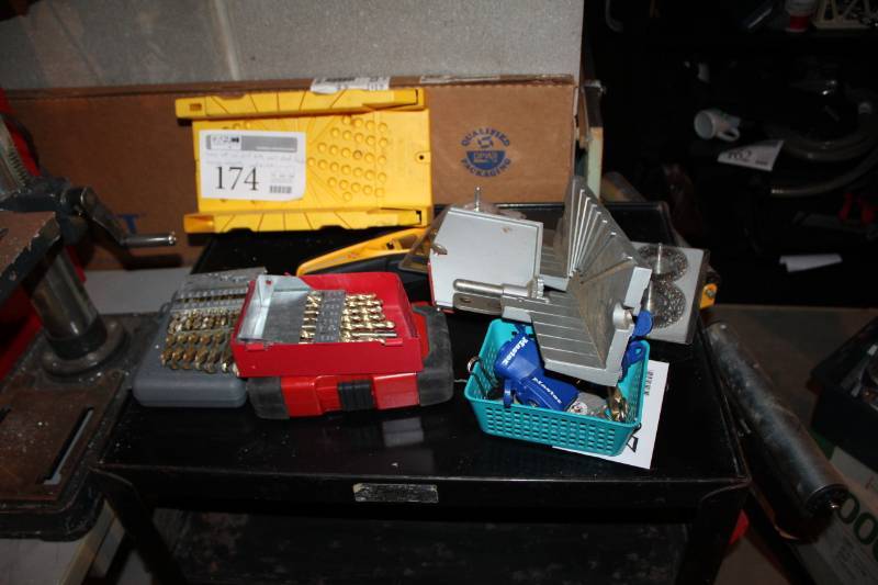 lot 174 image: Drill Bits, Wall Stud Finder, Tool Shop Crimped Wire Cup and Wheel Brush Set, Padlocks