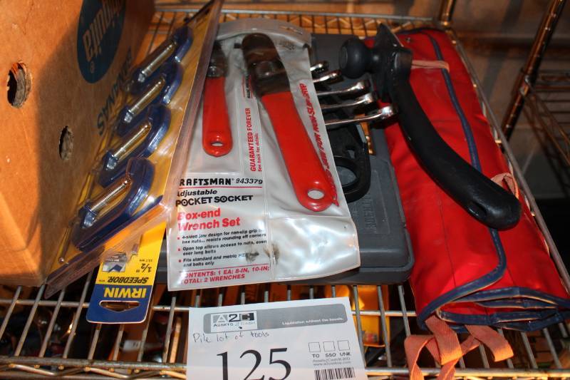 lot 125 image: Irwin C-Clamps, Irwin Speedbor Drill Bits, Craftsman Pocket Socket Box-end Wrench Set, Craftsman SAE Combination Wrenches, Ingersoll-Rand Proto SAE Combination Wrench Set, Alltrade 47-Piece Power Bit Set