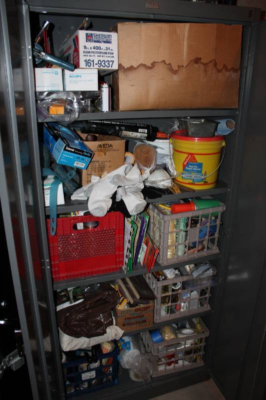 lot 143 image: Painting Supplies - Plastic Tarps, Rollers, Spray Paint, Scrapers, Blend Fill Pencil, Sandpaper, And More