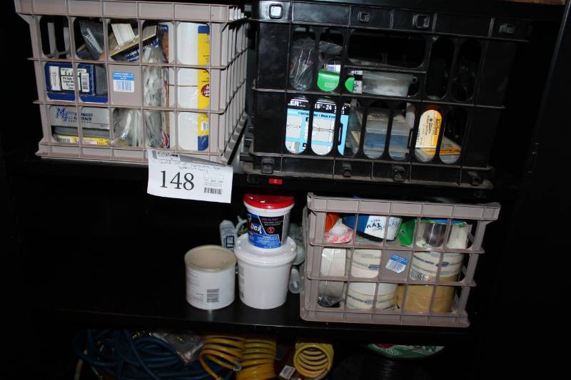 lot 148 image: Hardware, Tape, Screws, Tools, Anchors, Pocket Hole Jig, Misc. Hardware, Paint Rollers, Tape, Brush, And More
