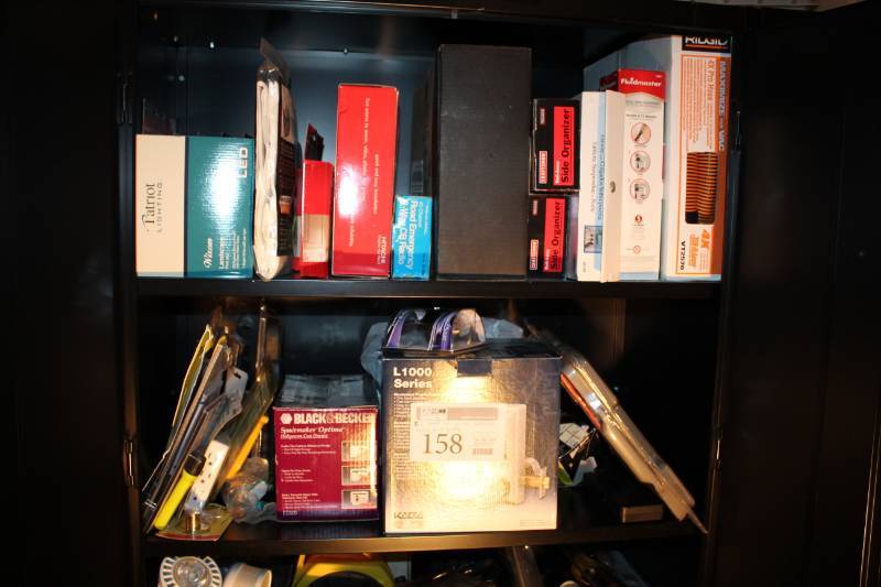 lot 158 image: Hardware, Patriot Lighting Landscape Post Cap, CB radio, Craftsman Organizers, Ridgid Vac Hose, LED Compass, Pushbutton Door Lock Set, Black & Decker Can Opener, Flashlight, Stanley Sharpshooter, And More