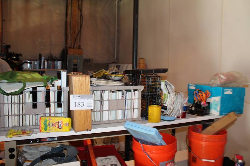 lot 183 image: Office Supplies, Books, Hooks, Pad Paper, Wood Box, Organizers, Scissors, Clipboards, Prestone Coolant Check, And More