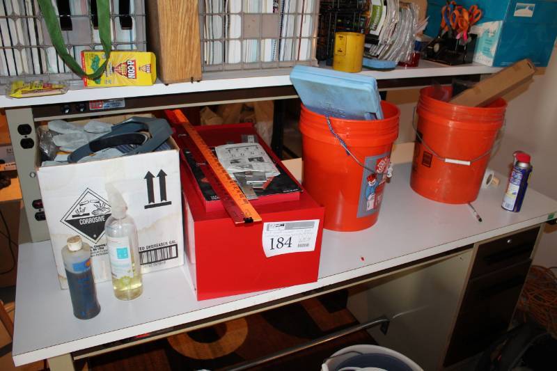 lot 184 image: Work Gloves, Craftsman Tool Box, Buckets, Hardware, 3D Glasses, 5-Piece Bolt Remover Kit, Mallet, Saw, And More