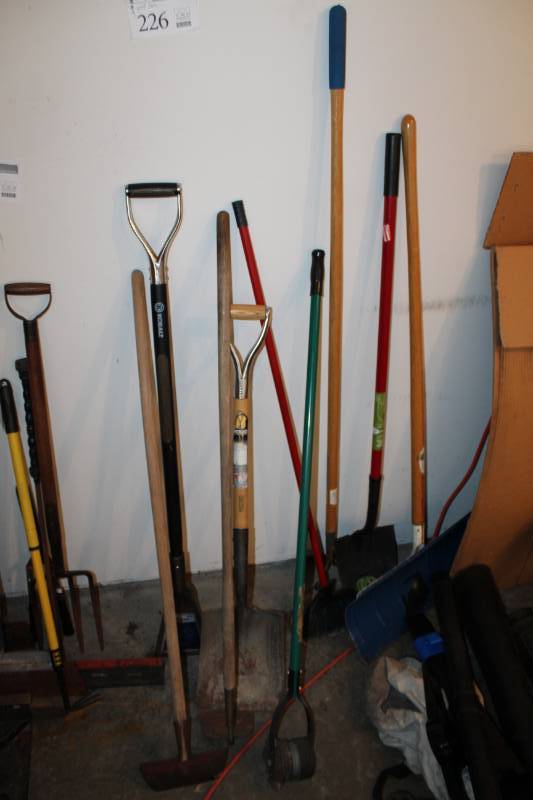lot 226 image: Lot of (9) Yard Tools - Spades, Rakes, Hoe, Shovels, Broom, Edger, And More