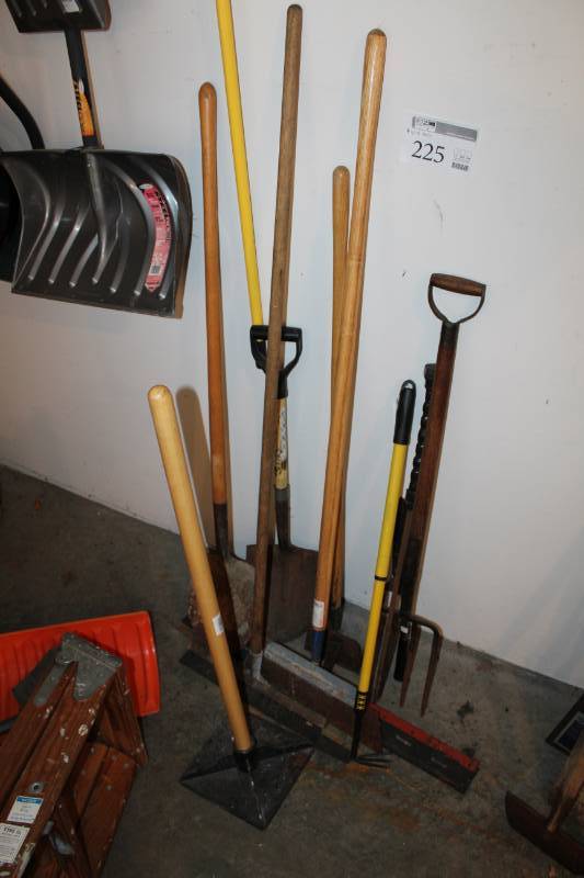 lot 225 image: Lot of (10) Yard Tools - Tamper, Fork, Broom, Roof Rake, Hoe, Spades, And More