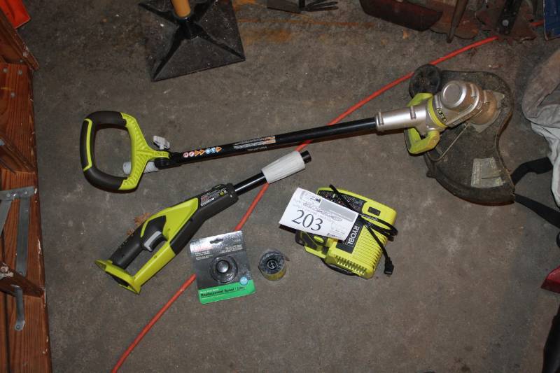 lot 203 image: Ryobi 24VDC Cordless String Trimmer, Battery, Charger, Trim Line