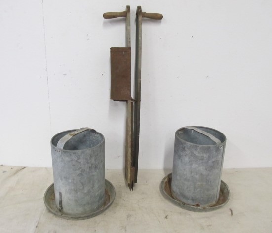 lot 83 image: Primitive Seed Planter & Galvanized Feeders