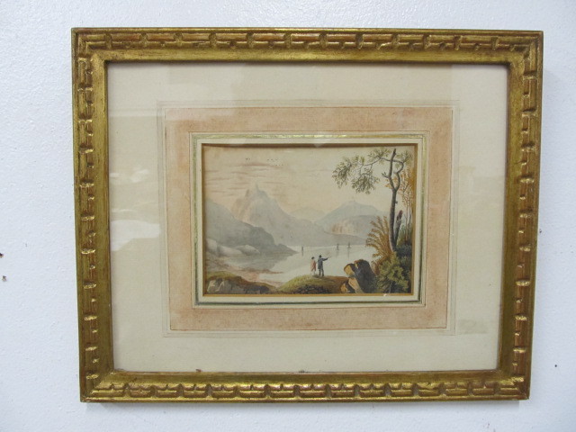 lot 108 image: Antique Original Miniature Landscape wFigures Watercolor 