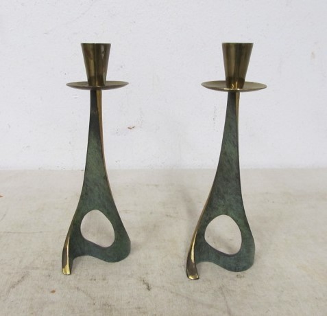 lot 109 image: Vintage Solid Brass Modernist Sculptural Candle Stands