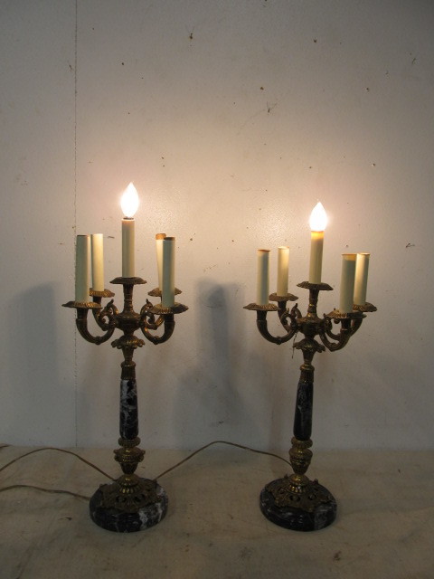lot 110 image: Pair of Vintage Hollywood Regency BrassOnyx Candelabra Table Lamps