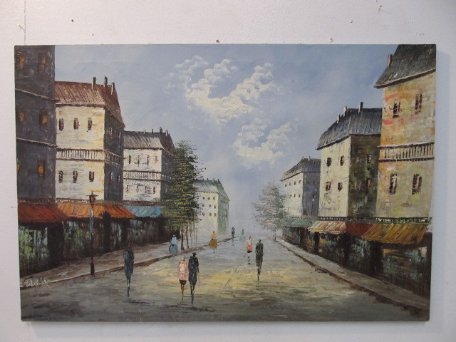 lot 174 image: Very Nice Vintage Mid Century Oil on Canvas Street Scene Painting