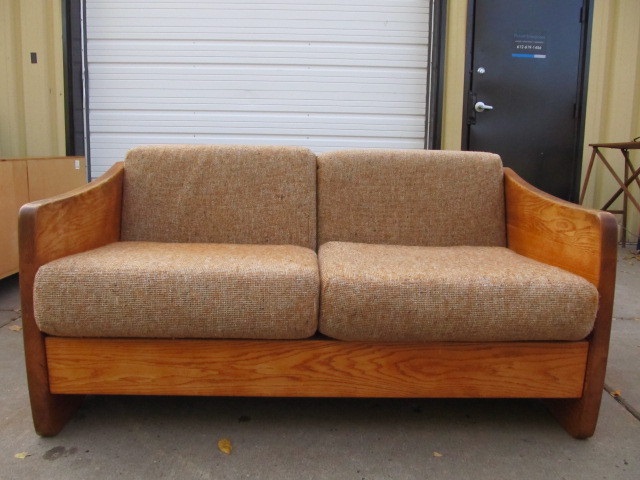 lot 178 image: Vintage Mid Century Solid Oak SofaLoveseat