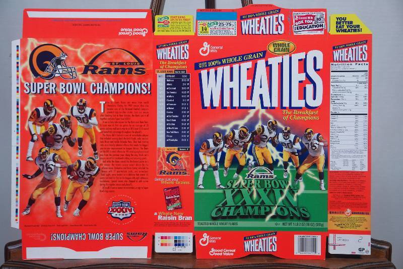 lot 82 image: Super Bowl XXXIV Champion St Lois Rams Wheaties boxes