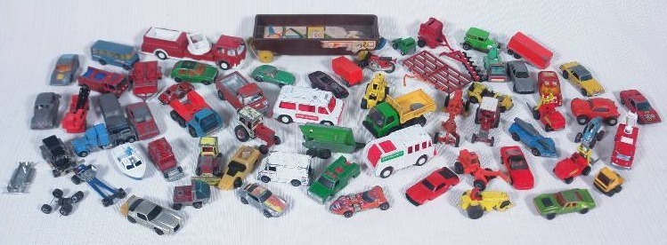 lot 100 image: Box of Match Box, Hot Wheel, and Ertl small toys