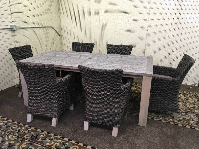 lot 274 image: Gray 7 Pc. Teak Patio Dining Set,Retail $1,799.99