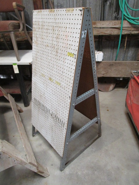 lot 65 image: Peg Board Rack, Sawhorse, Hand Cart