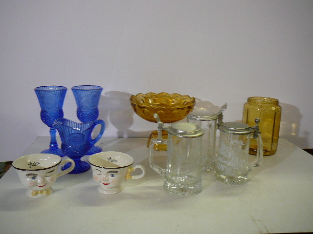 lot 64 image: Glassware Beer Steins Coffee Cups Blue glass ware Large Bowl