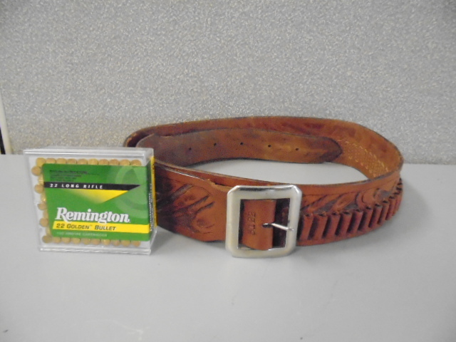 lot 20 image: 22 Caliber Bullets and Tooled Leather Cartridge Belt