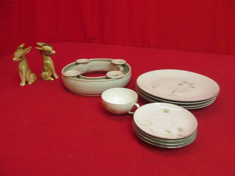 lot 10 image: China plates, cup, saucer plates, candle holder, deer figurines