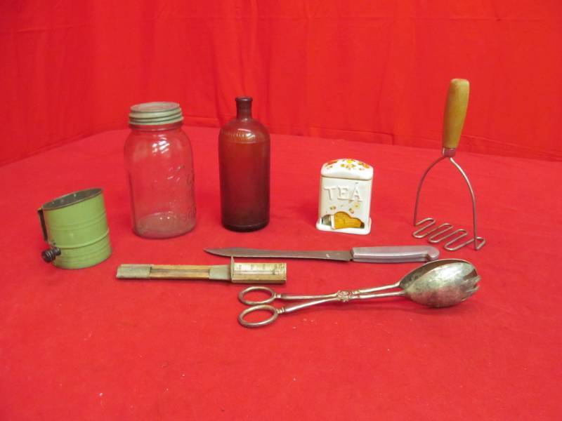 lot 15 image: vintage kitchen utensils, canning jar, Hilex bottle