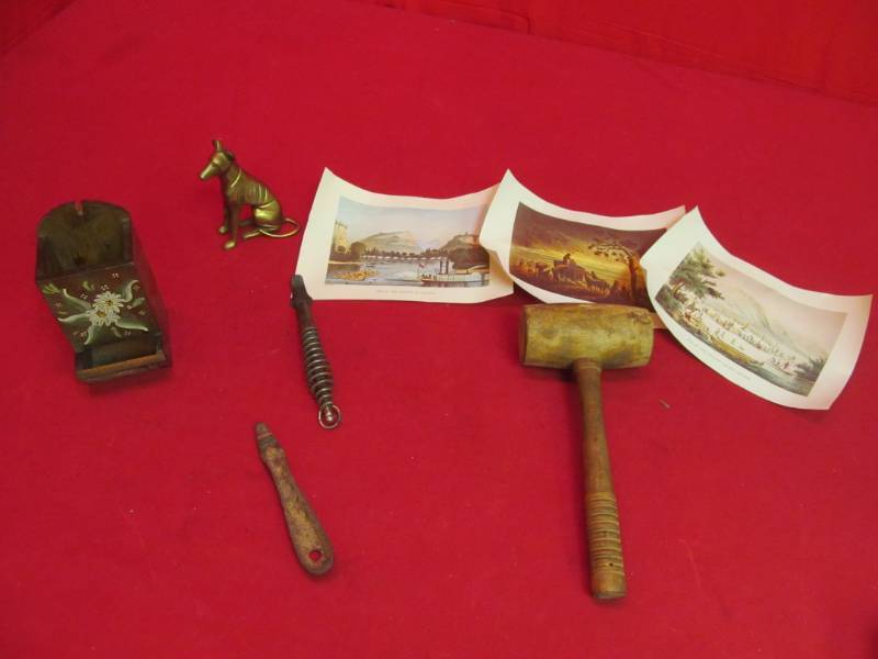lot 21 image: Collector plate prints, kitchen utensils, match box holder, brass dog, wooden mallot