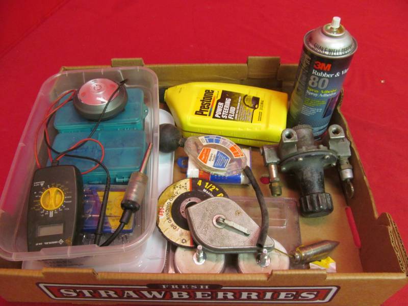 lot 45 image: Assortment of tools, nails, o rings, grinder pads, power steering fluid, regulator