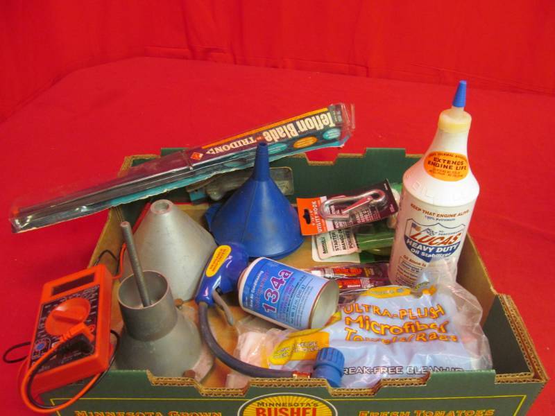 lot 50 image: Bearing grease packer, Lucas oil stabilizer, wiper blade, digital multimeter