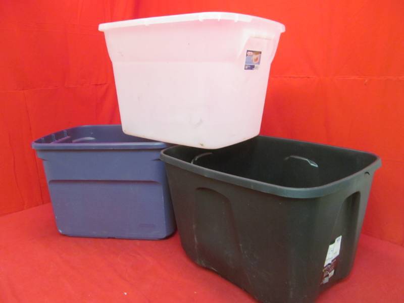 lot 64 image: 3- 18 gal totes with no lids