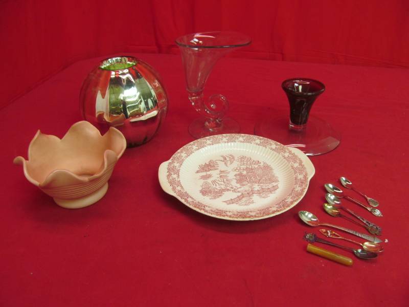 lot 91 image: Variety of glass vases, vintage spoons, platter