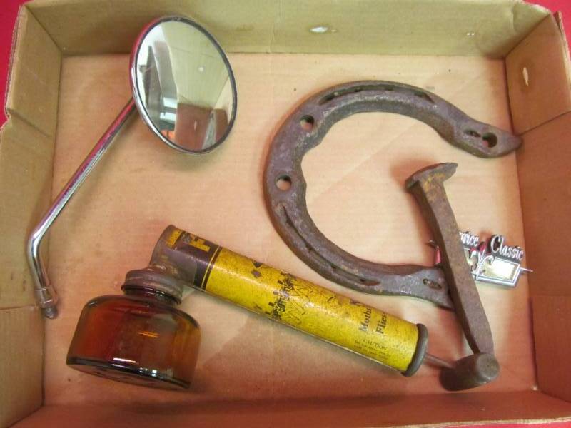 lot 126 image: Motorcycle mirror, vintage horse shoe, bug gun