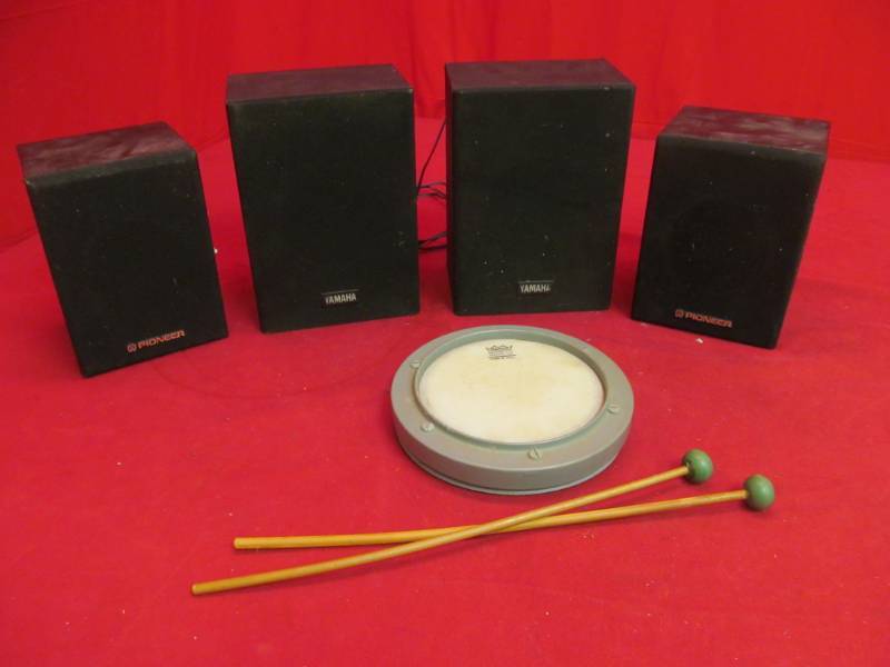 lot 129 image: Set of Yamaha 60 watt speakers, Set of Pioneer 30 watt speakers, Remo weather king practice pad