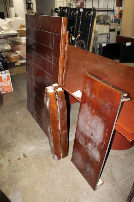 lot 14 image: Wood Dining Table w Leaf, 4-Wood Chairs w Black Pads, 1-Wood Bench