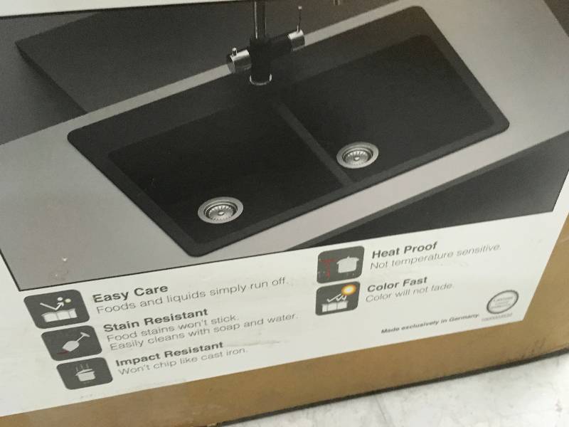 lot 21 image: Elkay by Schock Dual Mount Quartz Composite 33Double Bowl Kitchen Sink in Black open box not used