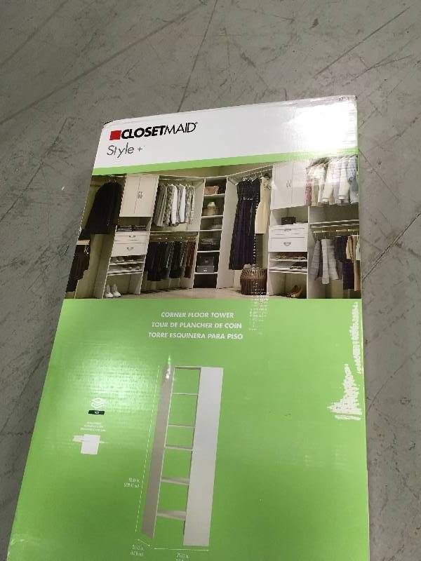 lot 22 image: Closetmaid Style 25 in. D x 25 in. W x 82 in. H White Melamine 6-Shelves Corner Closet System not used